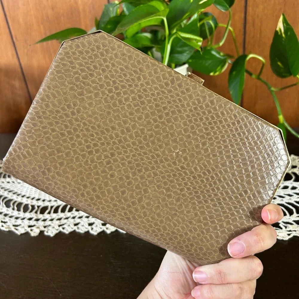 Vintage Faux Snakeskin‎ Box Clutch Bag Taupe Brown Gold Tone Evening Purse